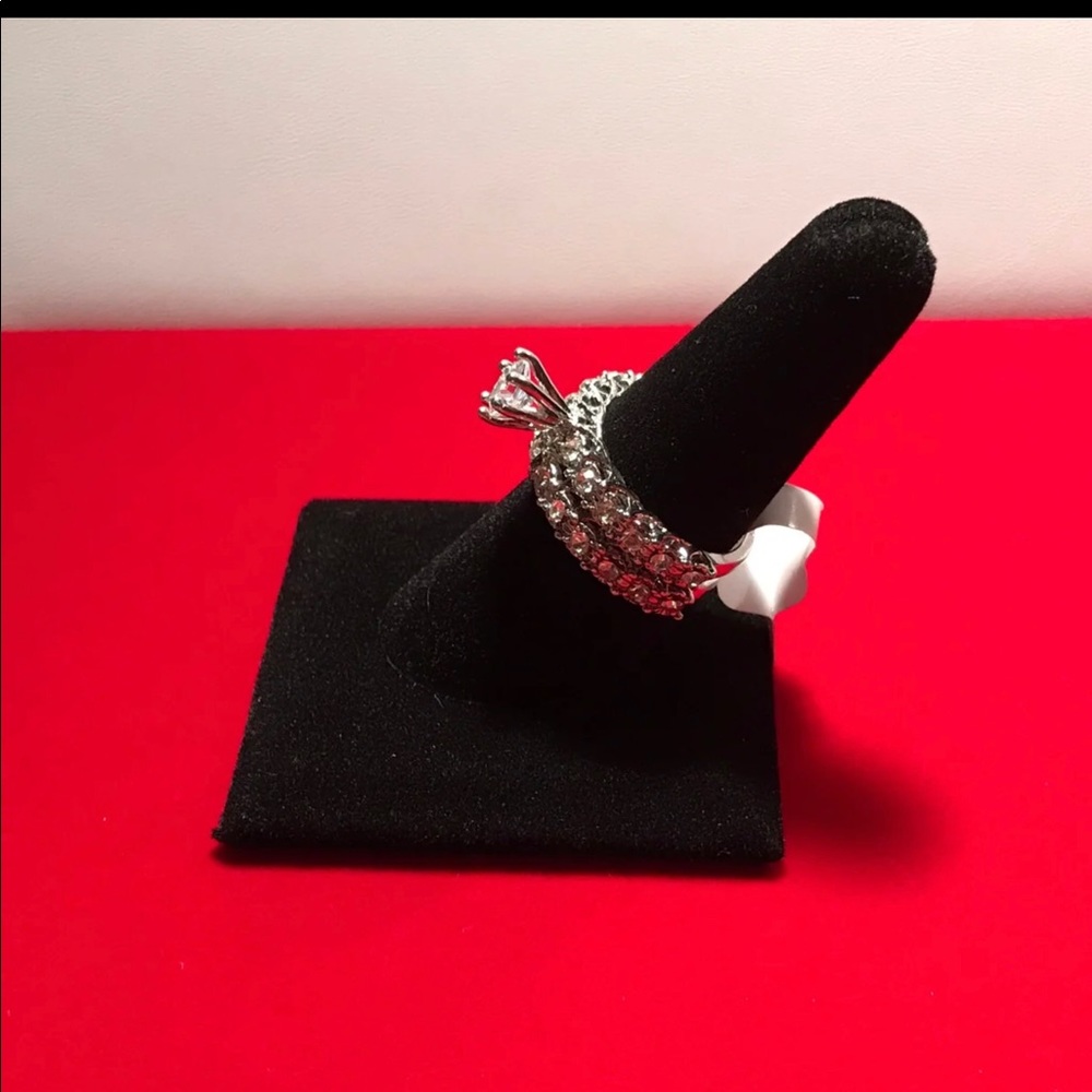 Silver Round Cut Rhinestone Wedding Rings Set - Picture 6 of 11